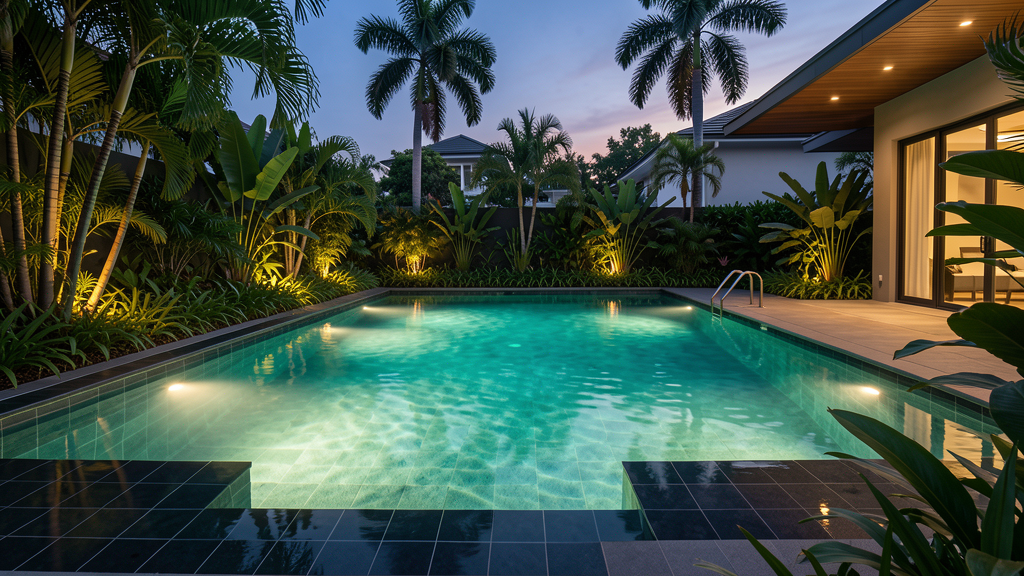 Luxurious magnesium pool at twilight in Singapore