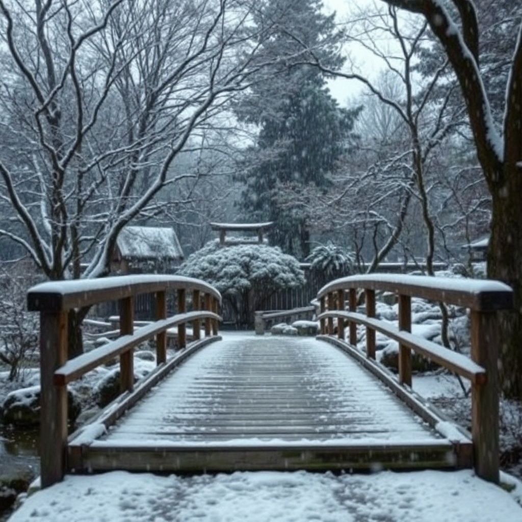 Snow falling slowly over an empty wooden bridge in a Japanese garden
