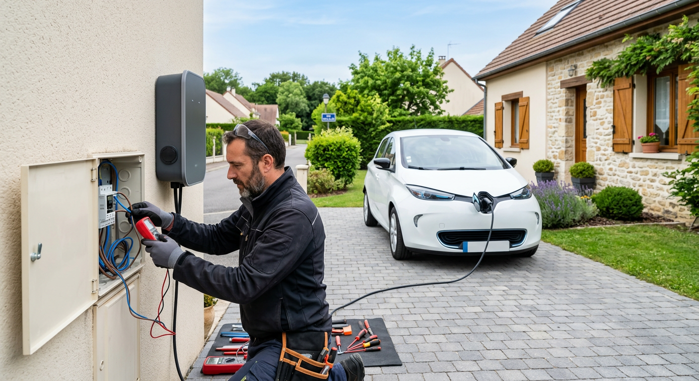 Borne de recharge électrique IRVE installée dans une maison individuelle avec un installateur vérifiant le câblage en zone résidentielle.