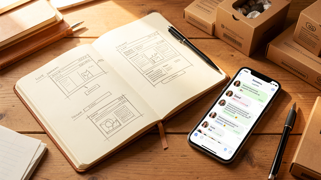 Carnet de notes et wireframes de boutique e-commerce sur une table de travail