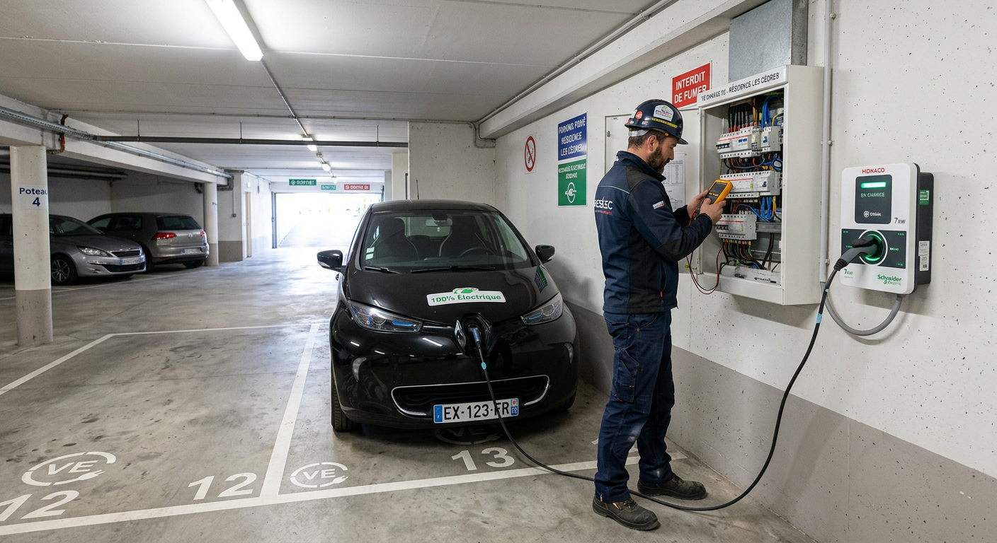 Borne de recharge électrique IRVE installée en copropriété avec un installateur qualifié vérifiant le tableau électrique.