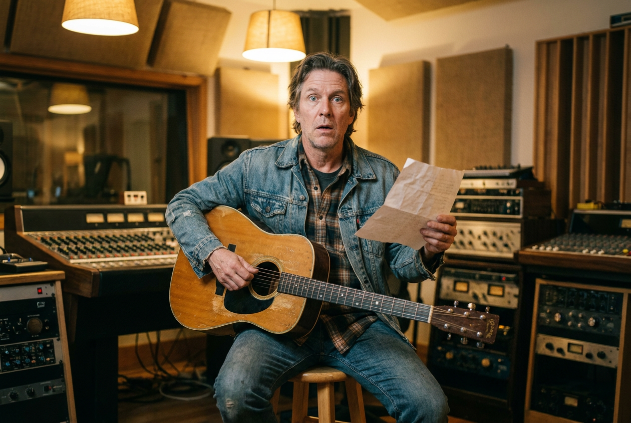 alt text for accessibility: A session musician holding a guitar in a recording studio, looking at a contract with confusion and frustration, warm golden studio lighting with recording equipment in the background
