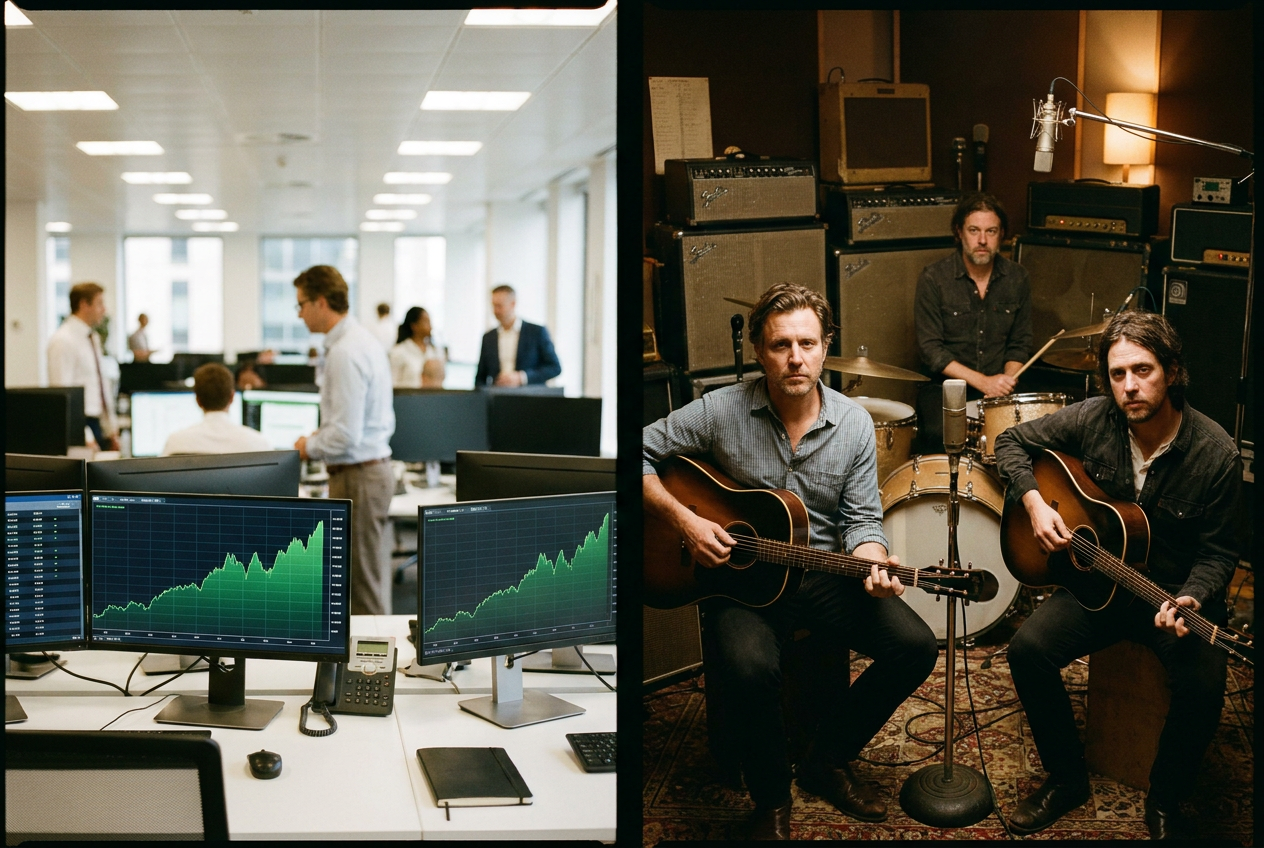 alt text for accessibility: A split-screen visual showing venture capital money flowing into an AI music company on one side and session musicians in a recording studio on the other