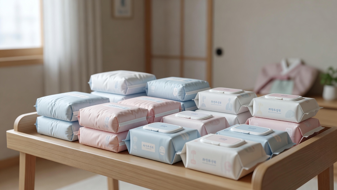 baby diapers and wet wipes arranged neatly on a changing table