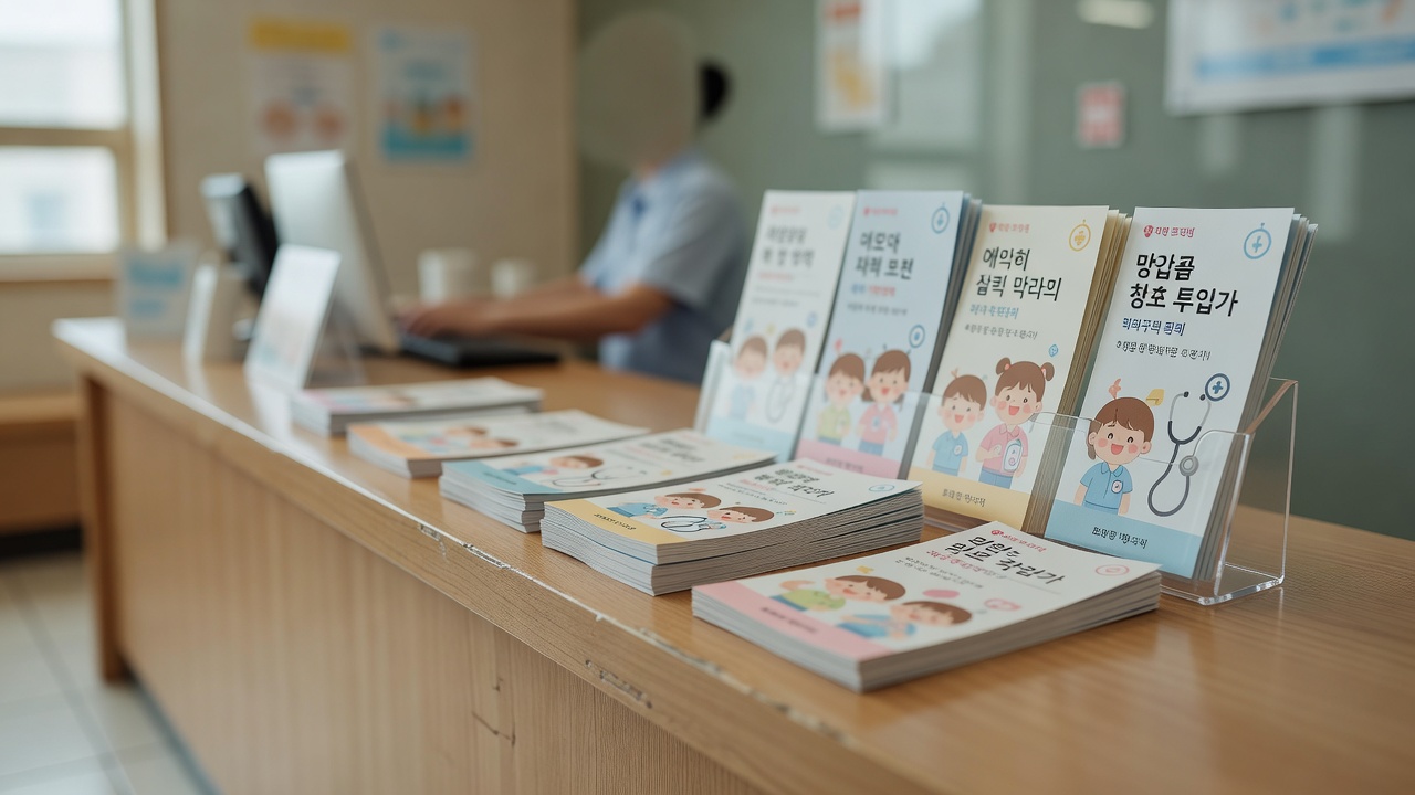close-up of a pediatric clinic reception desk with health pamphlets in Korean