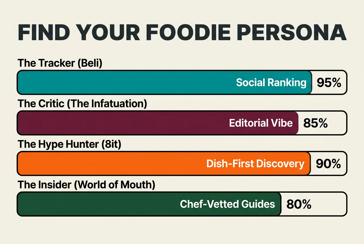 Comparison chart showing different restaurant app categories like social ranking, editorial vibes, dish-first discovery, and chef-vetted guides.