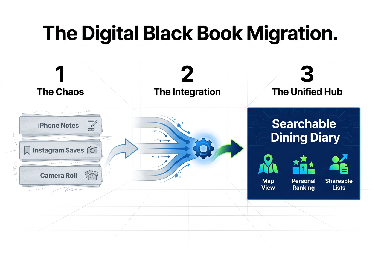 Workflow diagram showing the transition from unorganized phone notes and Instagram saves to a unified, searchable digital dining diary hub.