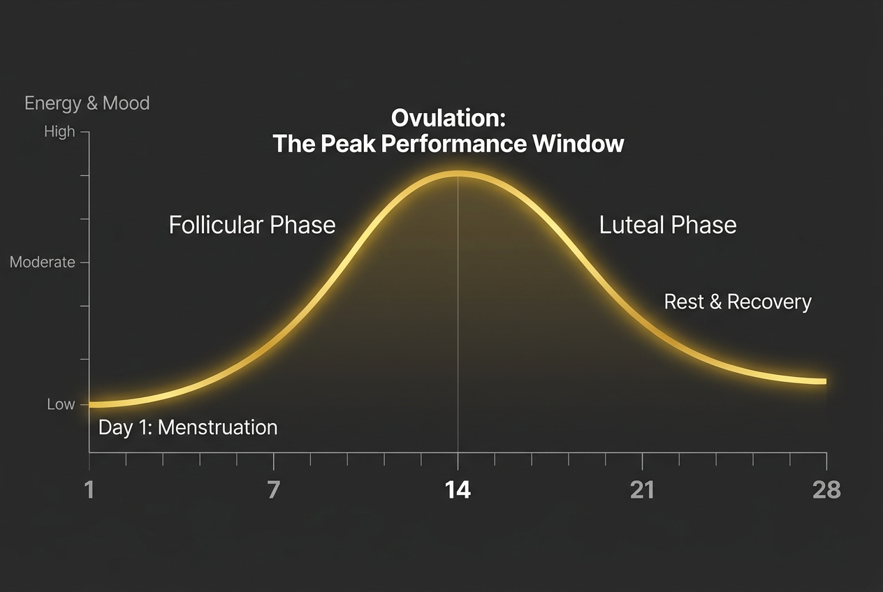 An energy level chart showing a significant peak during the ovulation phase, labeled as the high-performance and social window for partners.
