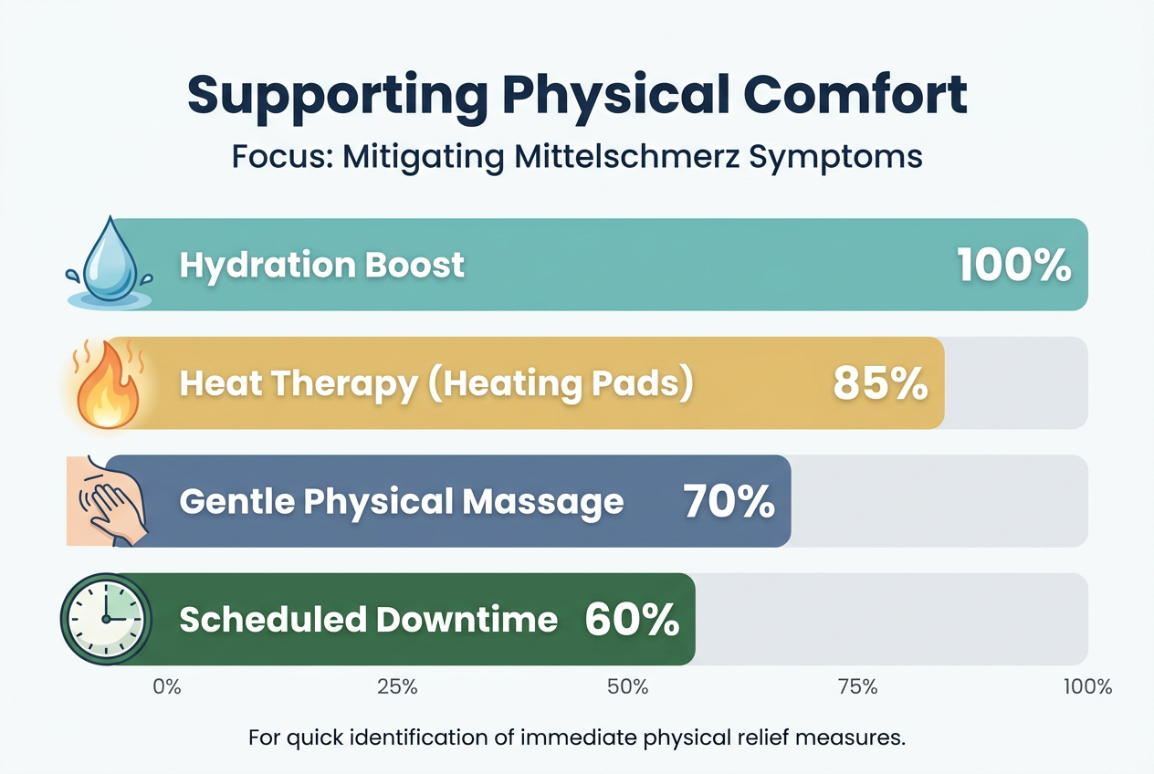 A horizontal bar chart showing priority levels for physical support during ovulation, including hydration, heat therapy, and scheduled rest.
