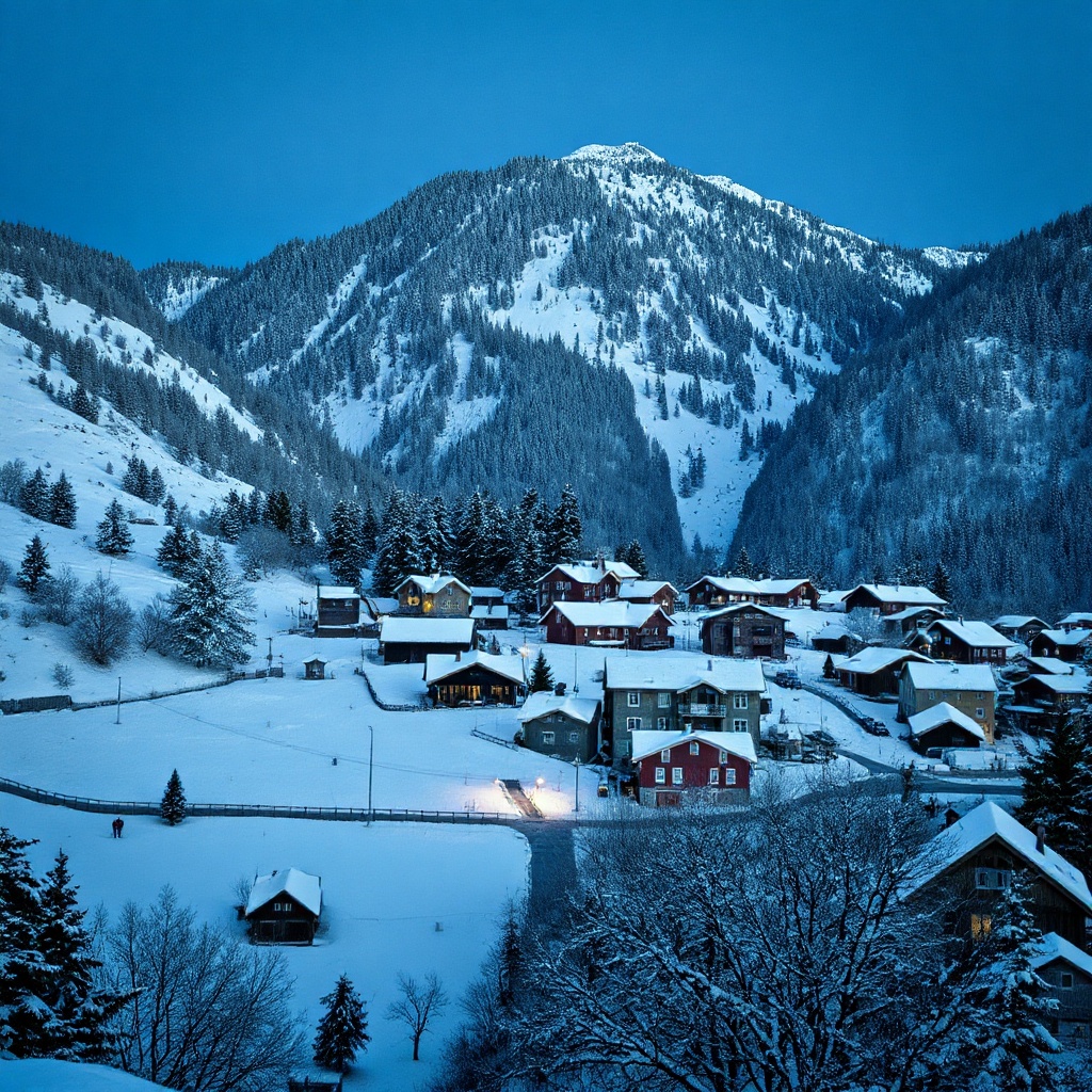A snow-covered mountain village at the blue hour