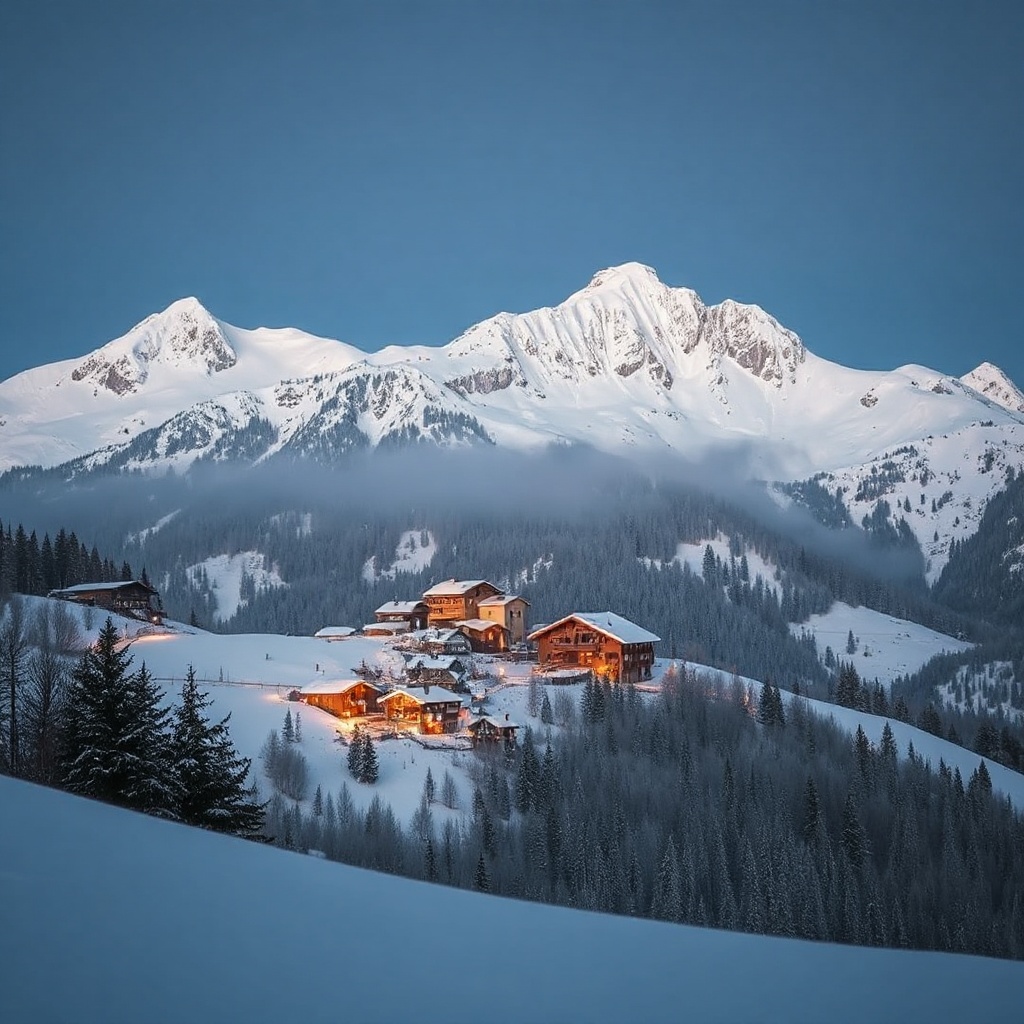 A snow-covered mountain village at the blue hour