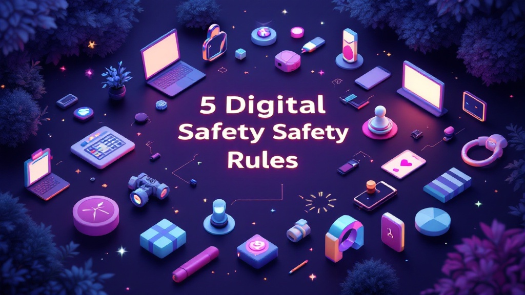 Digital safety rules infographic highlighting top 5 cybersecurity tips for personal online security