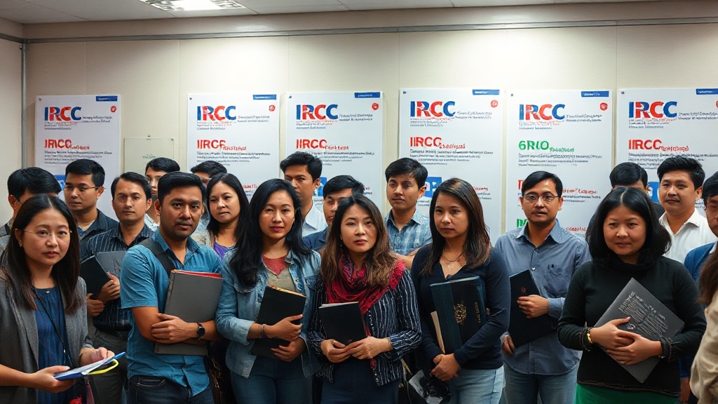Capture a photo of a diverse group of people gathered at an immigration office, some holding document folders, with posters displaying the IRCC logo and information on document renewals. The setting is a modern, busy office environment.