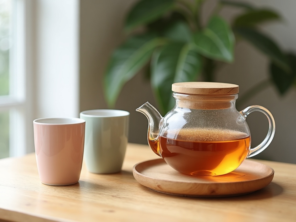 Théière scandinave en verre et bambou sur table en chêne clair