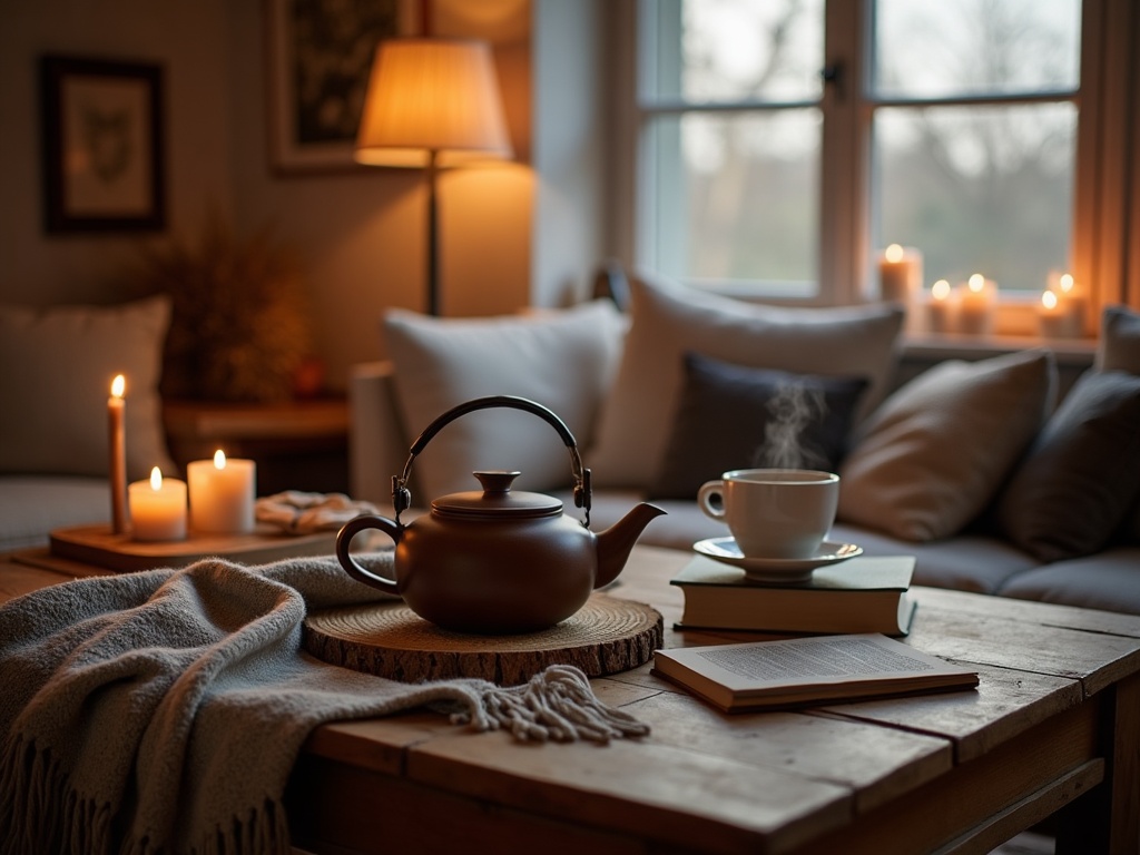 Moment hygge : théière fumante, plaid et bougies dans un salon nordique