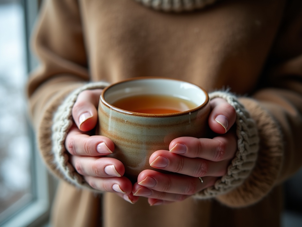 Grande tasse de thé chaude tenue à deux mains, ambiance cocooning