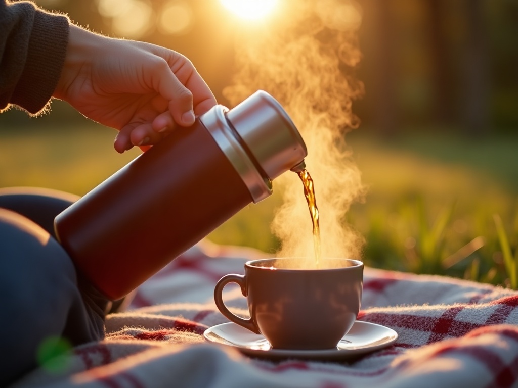 Thé chaud versé depuis un thermos en extérieur