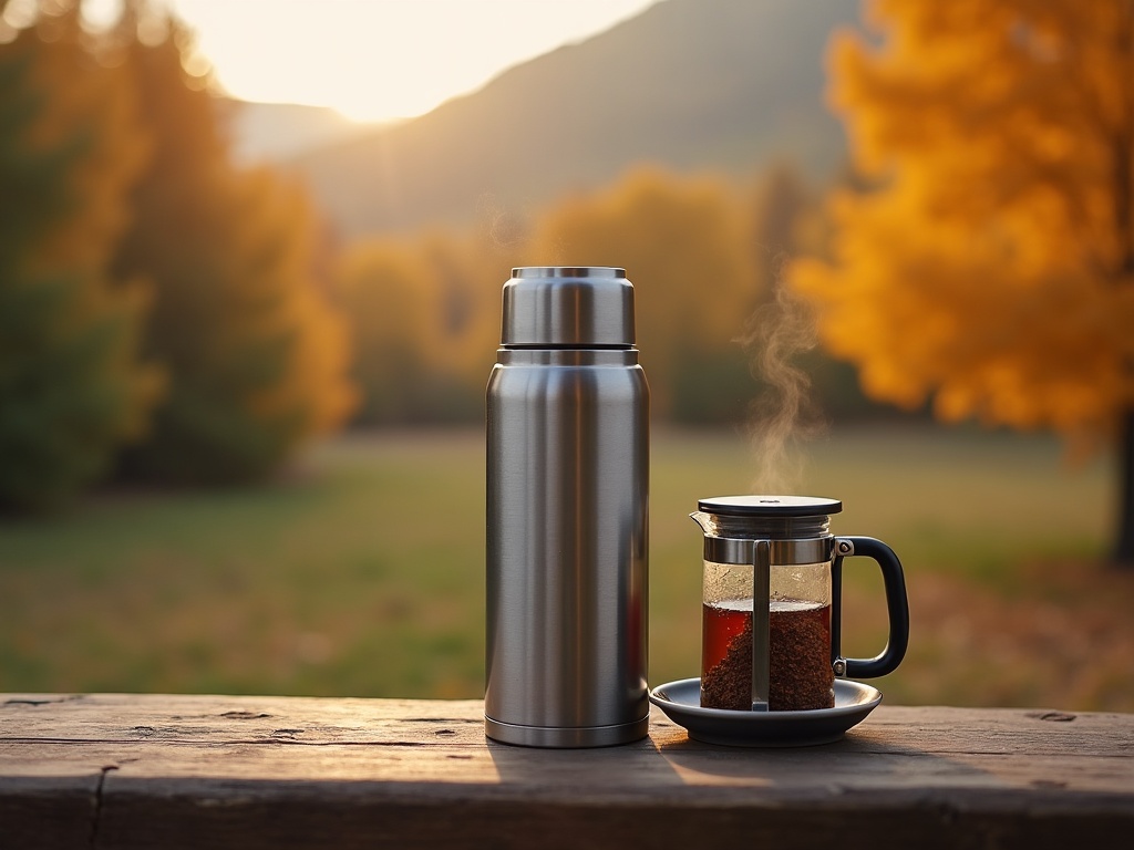 Thermos à thé en inox avec infuseur amovible posé sur un banc en bois