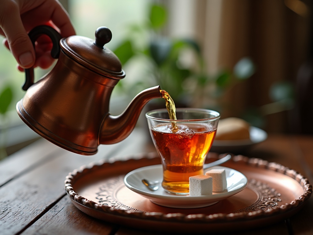 Service du thé turc dans un verre tulipe sur plateau en cuivre