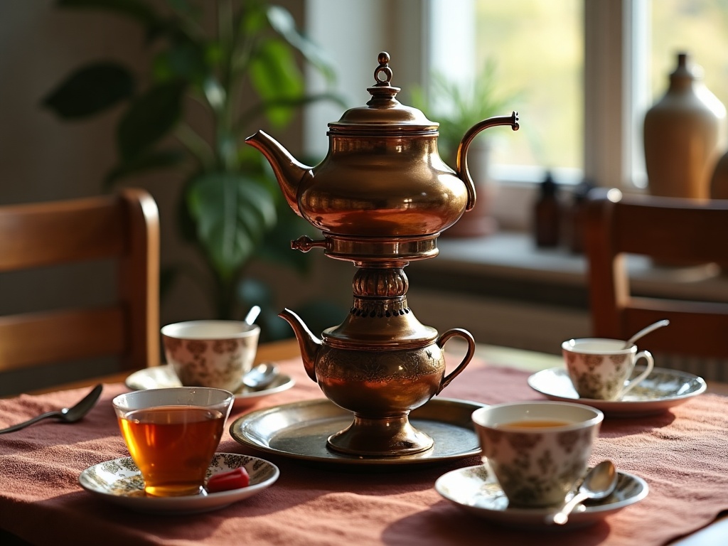 Samovar russe traditionnel avec théière posée au sommet