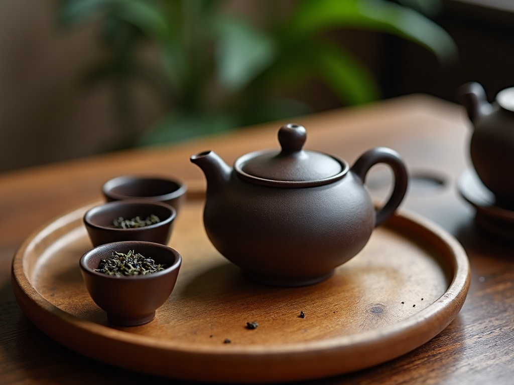 Théière Yixing en terre cuite sur plateau gongfu en bois