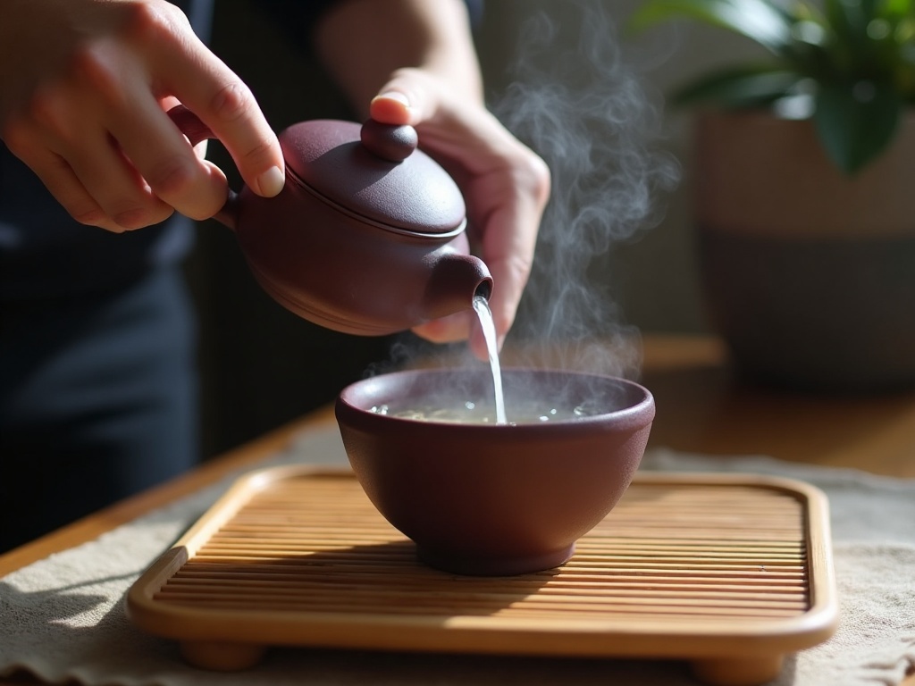 Rinçage d'une théière Yixing à l'eau chaude, cérémonie du thé chinois