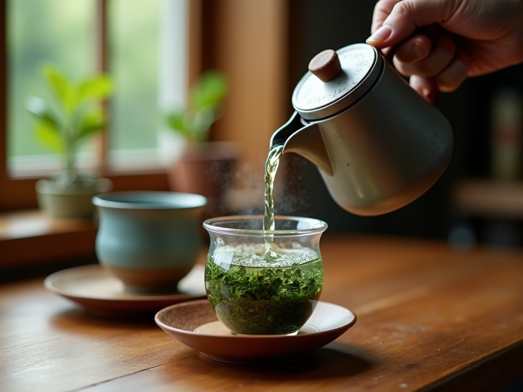 Eau à 70 degrés versée sur du thé vert japonais dans un kyusu