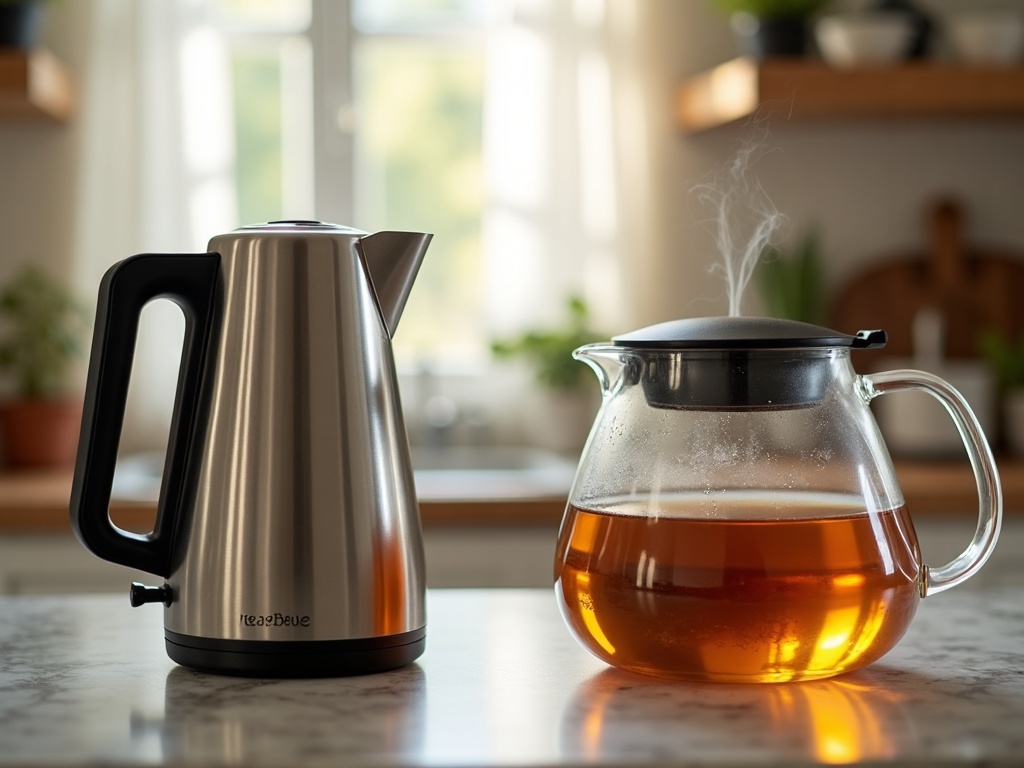 Théière électrique avec infuseur face à une bouilloire électrique classique