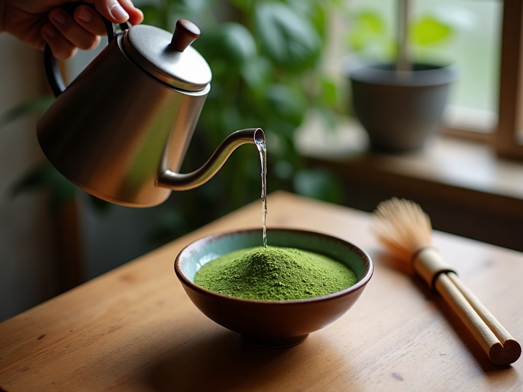 Bouilloire col de cygne versant l'eau sur du matcha avec fouet en bambou