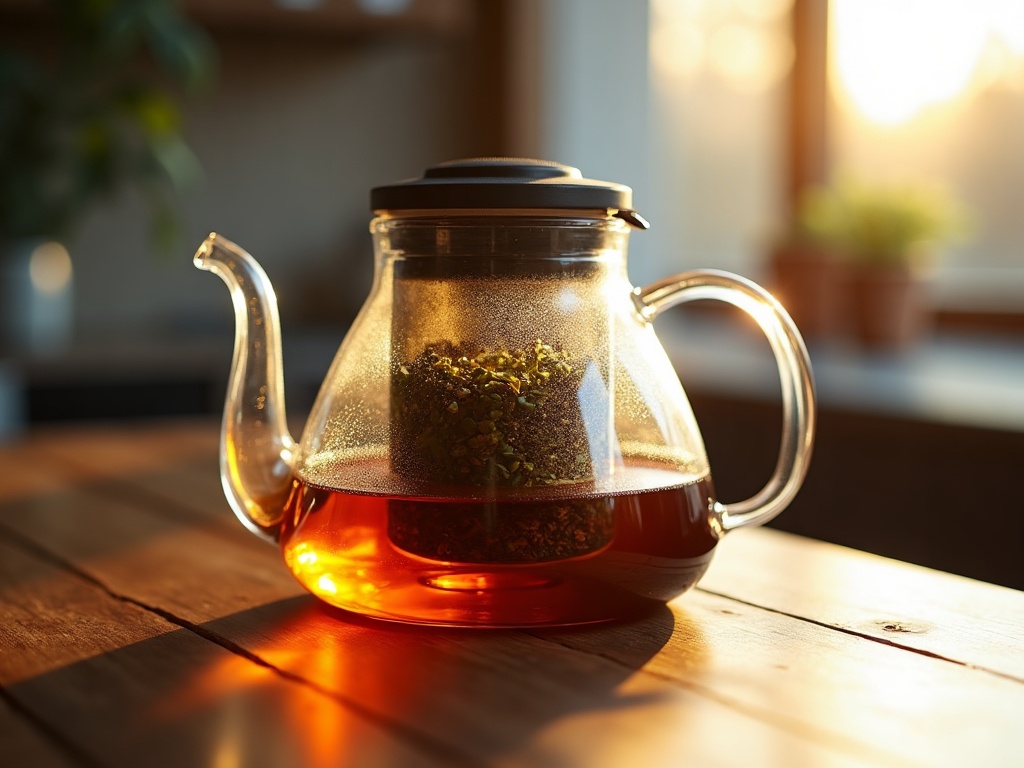 Théière électrique en verre avec feuilles de thé en infusion