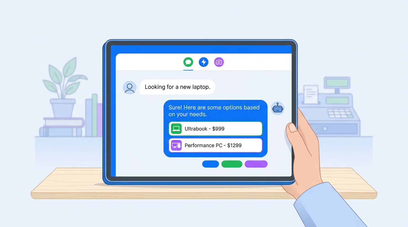 Flat illustration of AI chat assistant on tablet for customer messaging