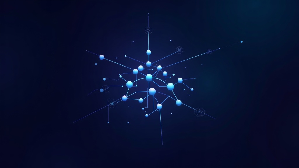 Abstract geometric representation of self-hosted architecture, interconnected nodes in cyan and violet on dark navy back