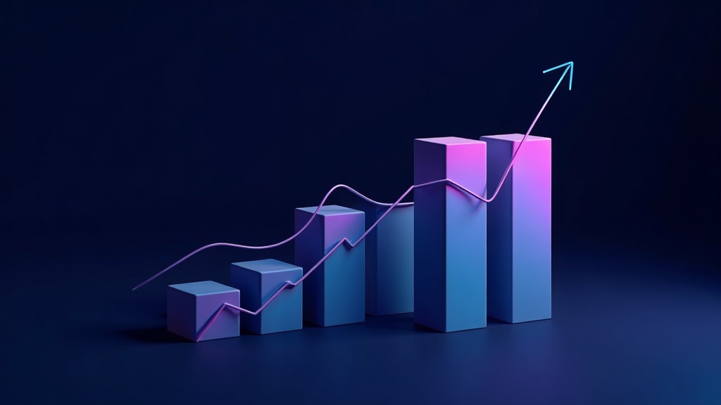 Dark navy abstract visualization of infrastructure cost over time, rising graph lines in cyan and violet gradients, geom