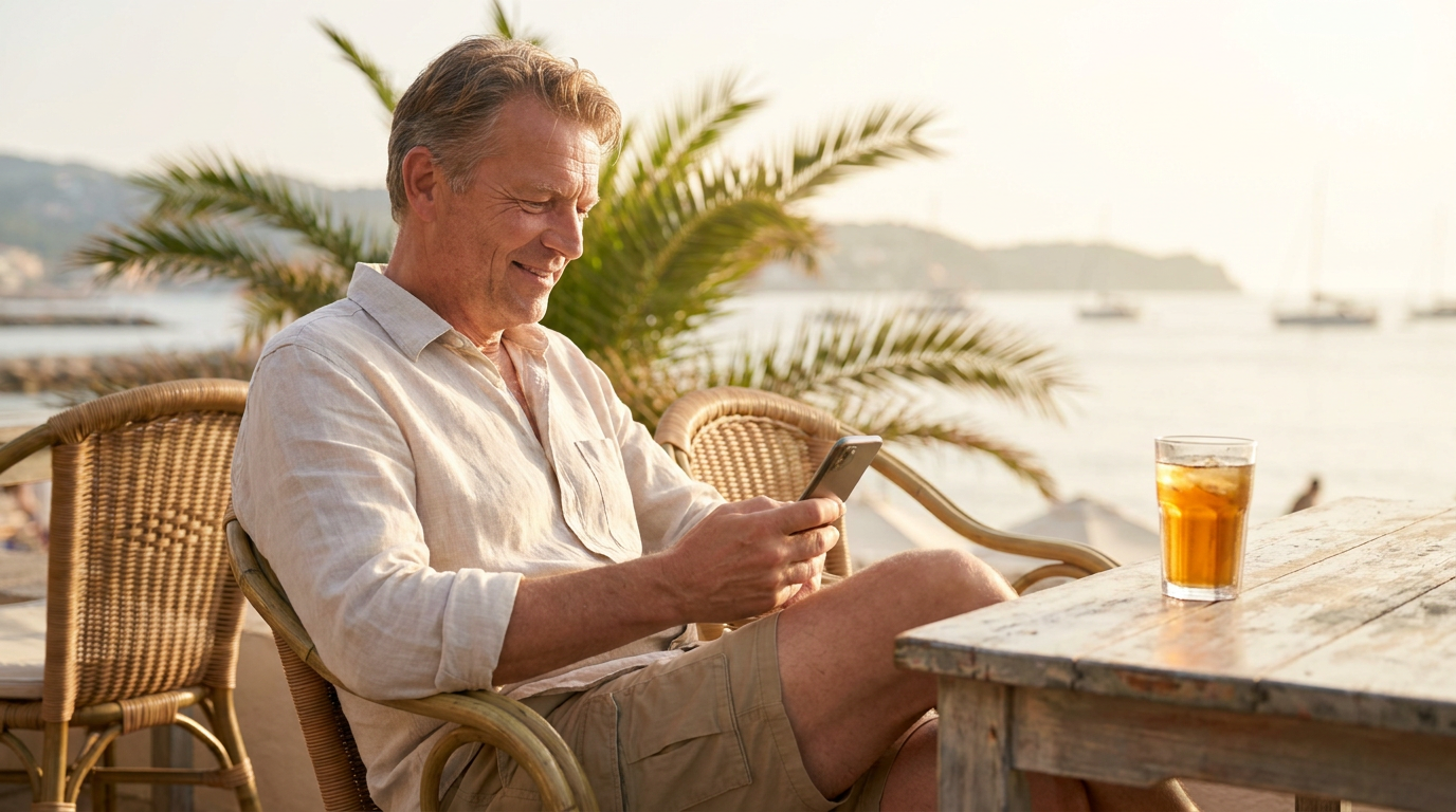 Ondernemer ontspannen op vakantie aan zee met telefoon in de hand