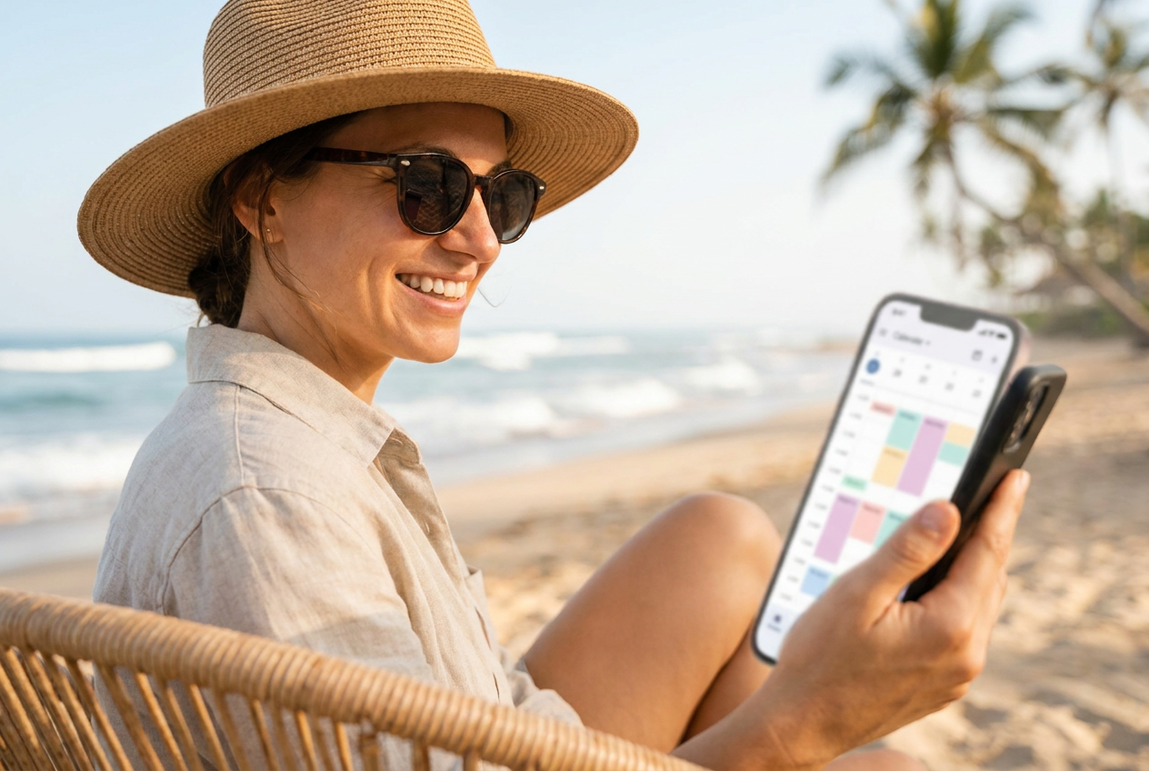 Ondernemer op het strand bekijkt rustig een afspraakoverzicht op de telefoon