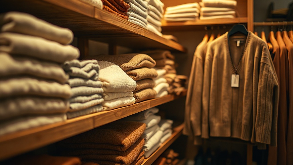 Folded cashmere sweaters on wooden retail shelves during a late-winter sale, camel and ivory tones
