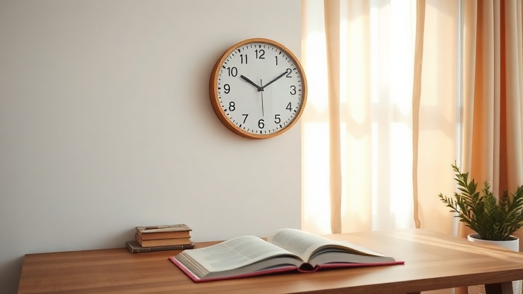 Minimalist silent wall clock above a wooden home office desk in soft morning light