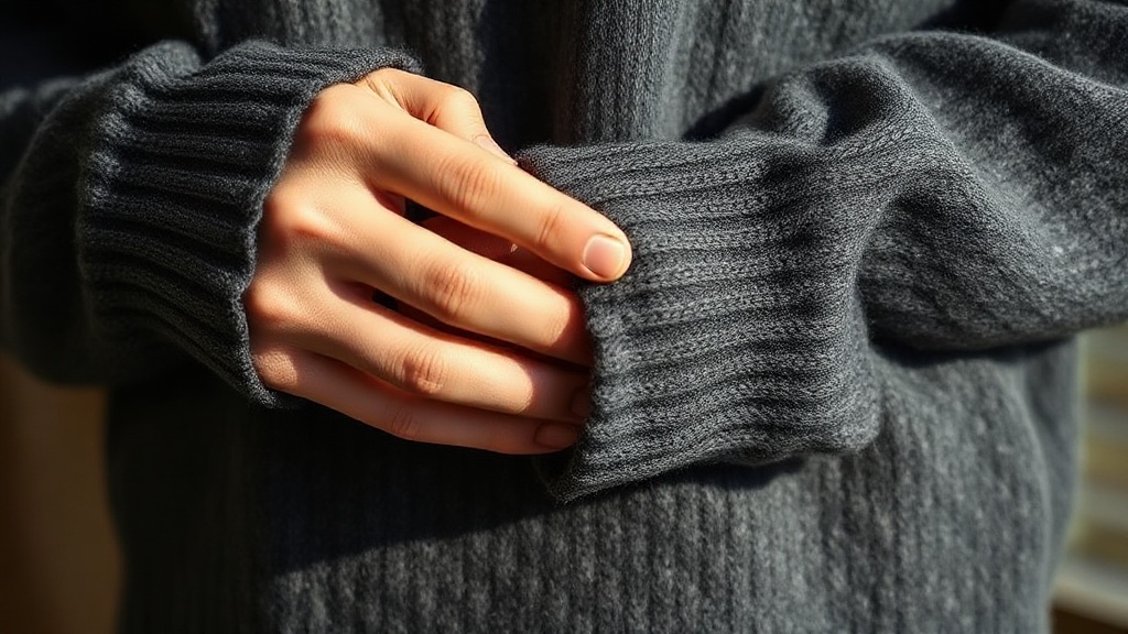Close-up of 2-ply charcoal cashmere knit texture being folded by hand, showing fiber quality and stitch detail
