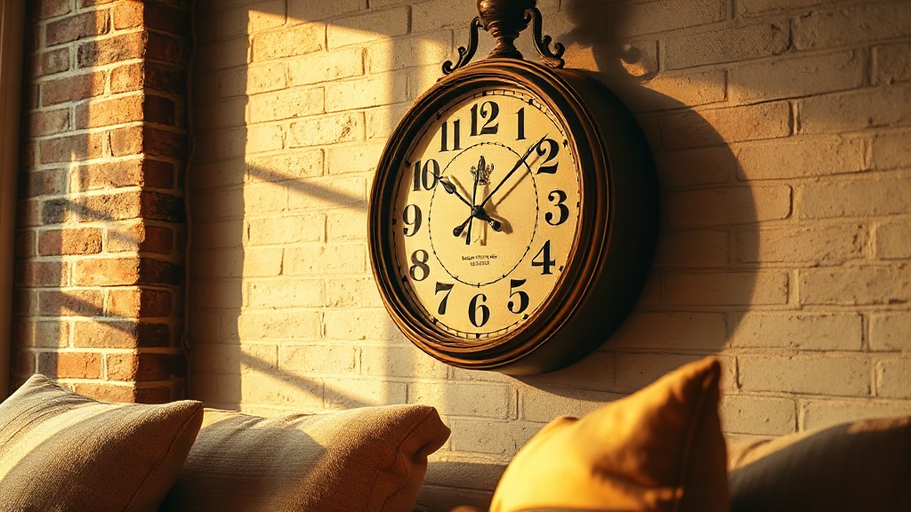 Vintage ticking wall clock with visible mechanism on a warm living room wall