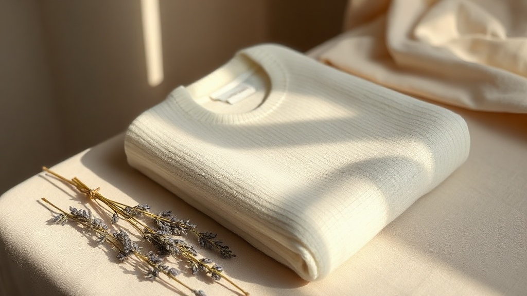Fine-gauge ivory cashmere sweater folded on linen in warm light, summer clearance knitwear