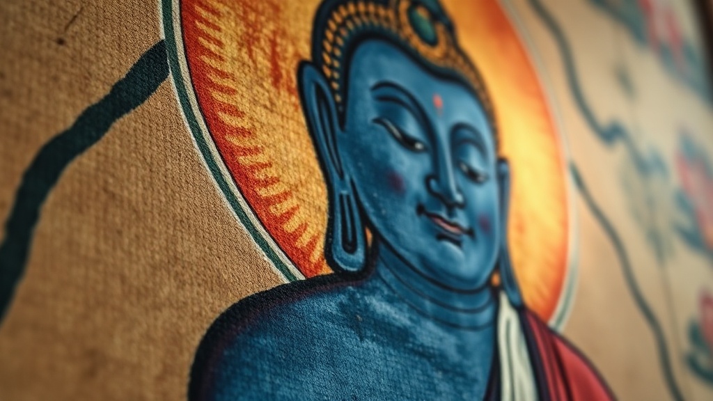 Detail of a Tibetan thangka painting depicting the Medicine Buddha in lapis lazuli blue mineral pigment