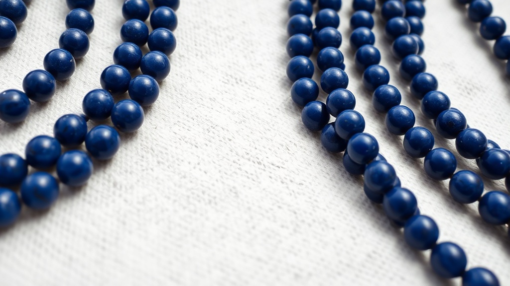 Lapis lazuli mala bead strands showing Grade A and Grade B quality comparison on linen background
