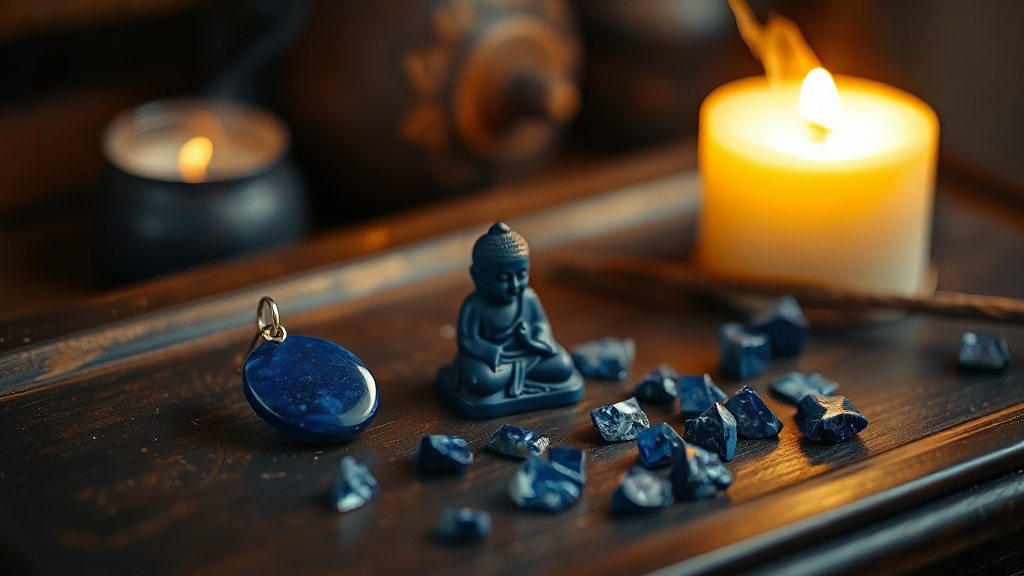 Small lapis lazuli carved Buddha figurine and pendant on a wooden altar with candlelight and incense