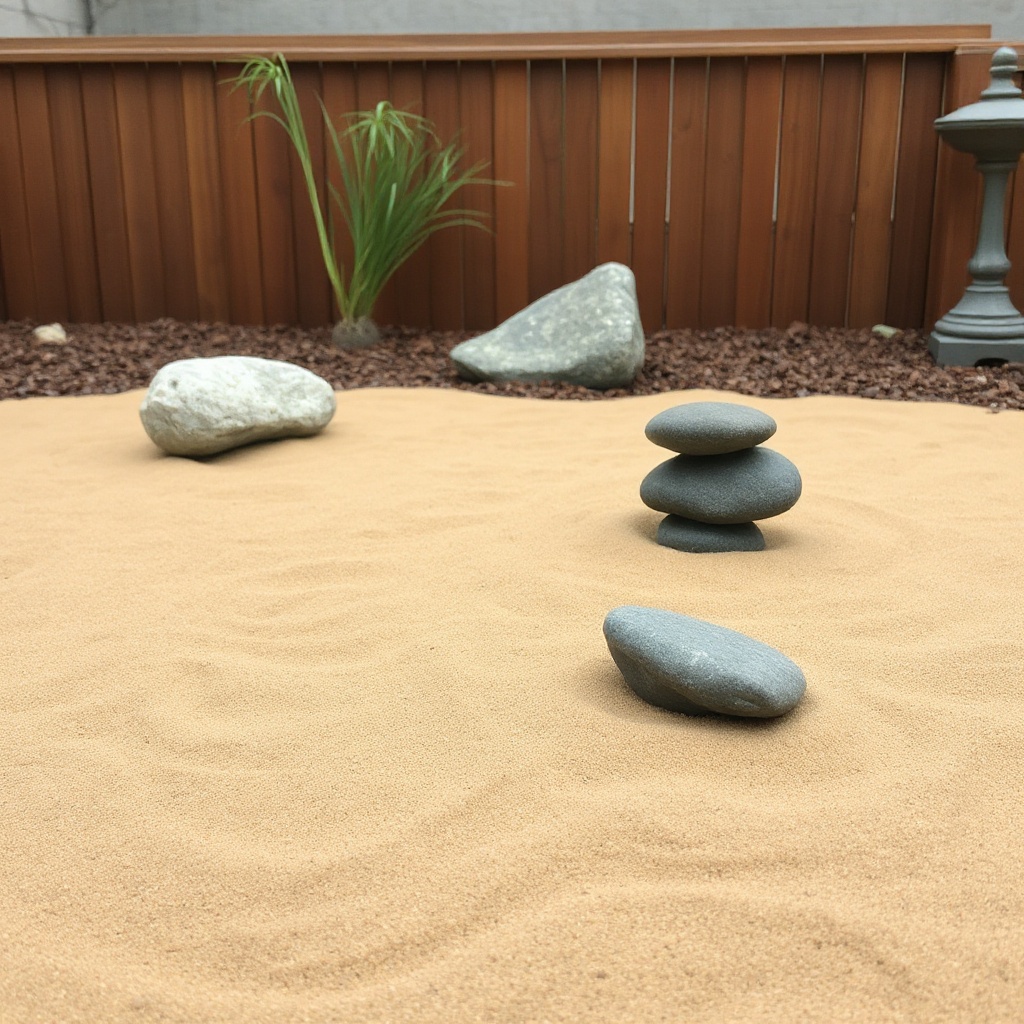 Zen garden with raked sand and smooth stones
