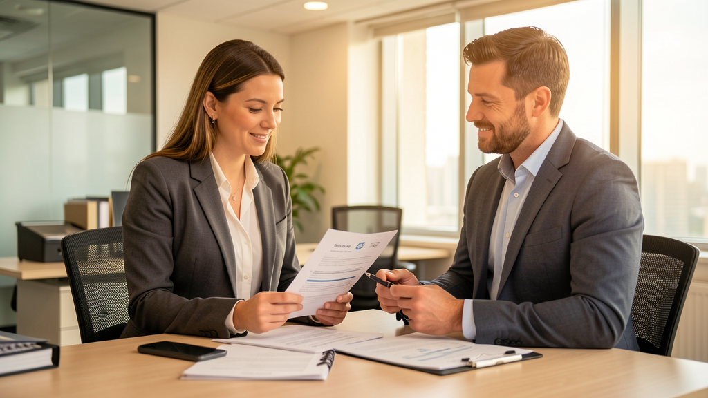 An HR professional reviewing employee benefits documents with a colleague in a warm, professionally lit office setting, conveying financial security and workplace protection.
