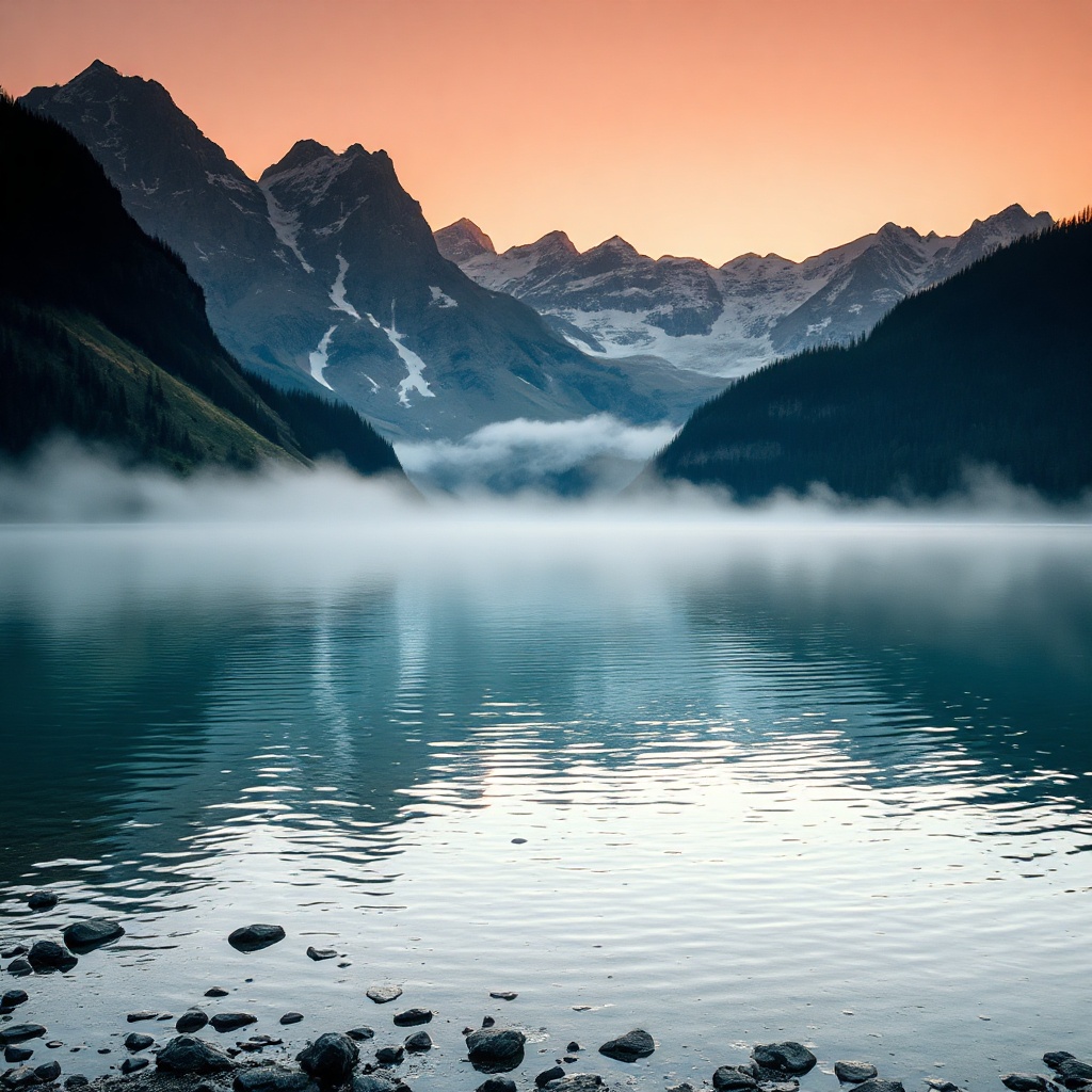 A serene mountain lake at dawn with mist rising
