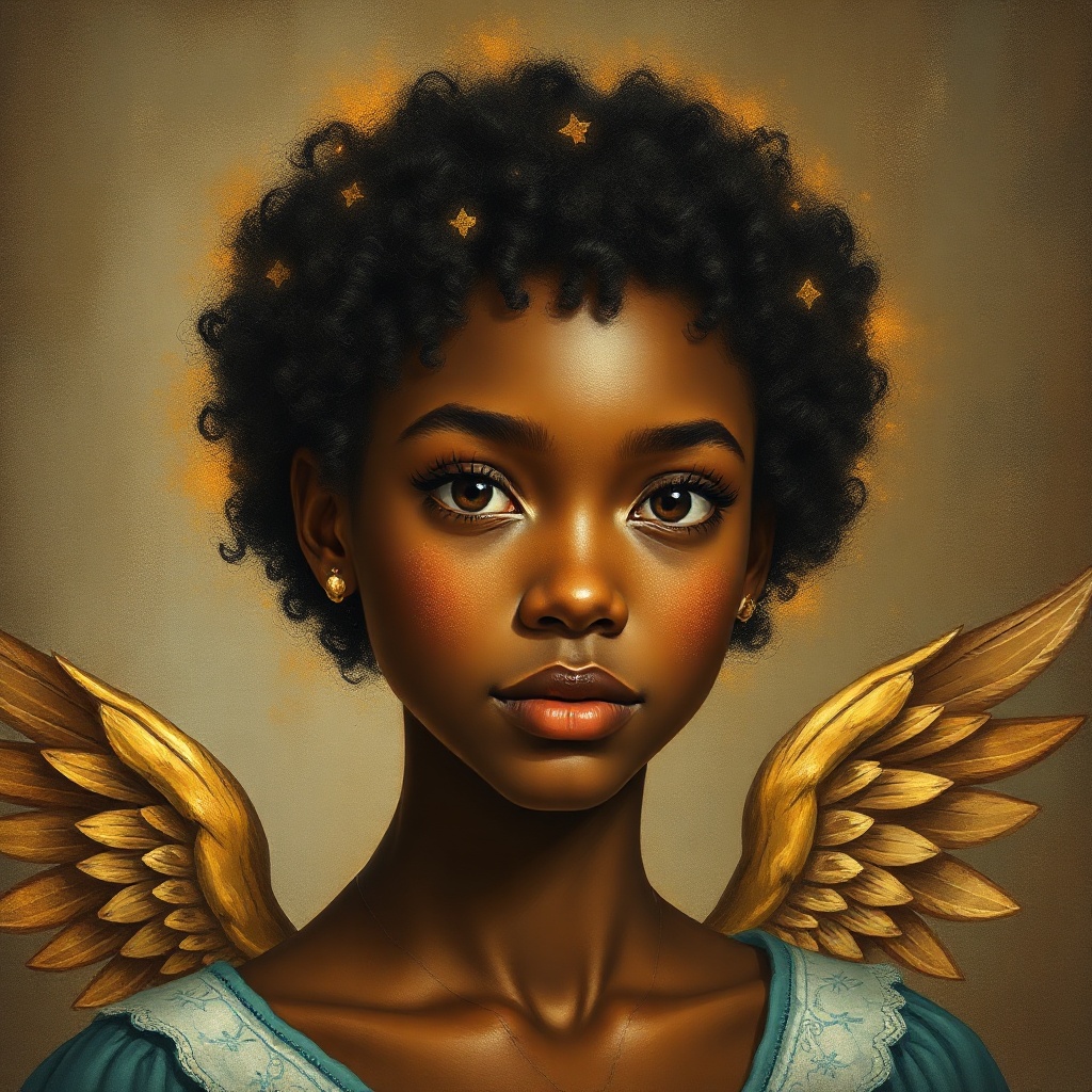 Square portrait avatar — brown skin angel