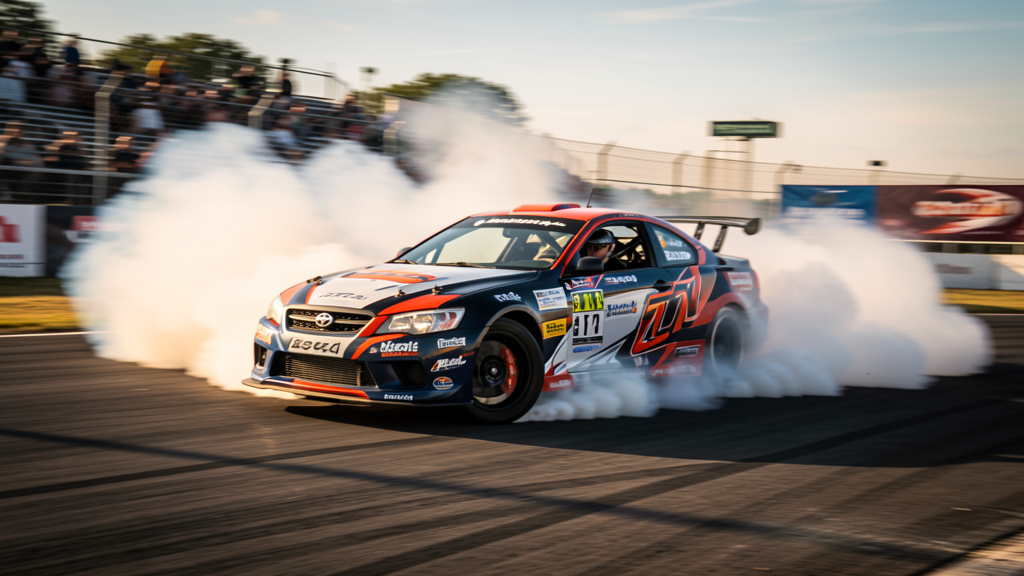 Precision stunt drift with tire smoke on closed course
