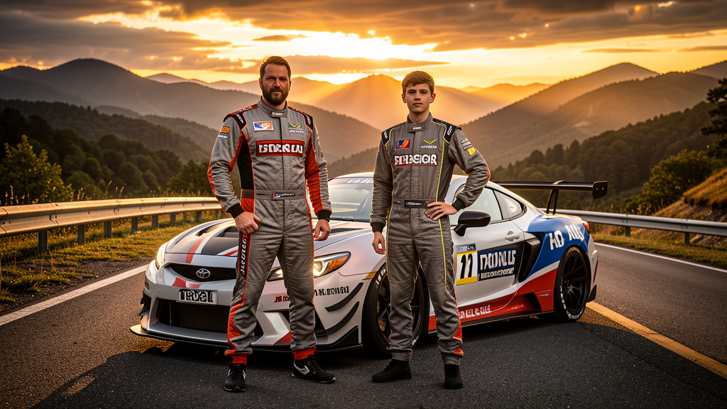 Dylan and Ethan Cruse standing with modified sports car on Tail of the Dragon at golden hour