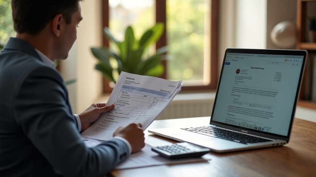 Advogada em escritório pequeno compara orçamentos com calculadora ao lado de notebook com editor de blog aberto